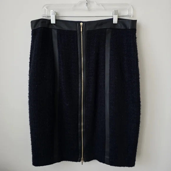 CLUB MONACO | Tweed Pencil Skirt Navy Wool Black Faux Leather Sz 12 - Picture 3 of 6